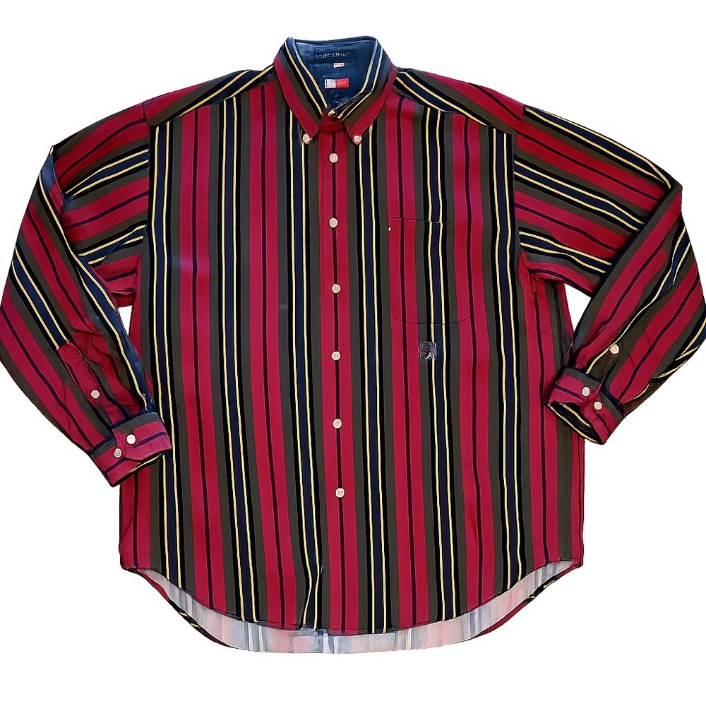 Tommy Hilfiger Mens Large Vintage Striped Button Down Shirt Red Green Crest Logo